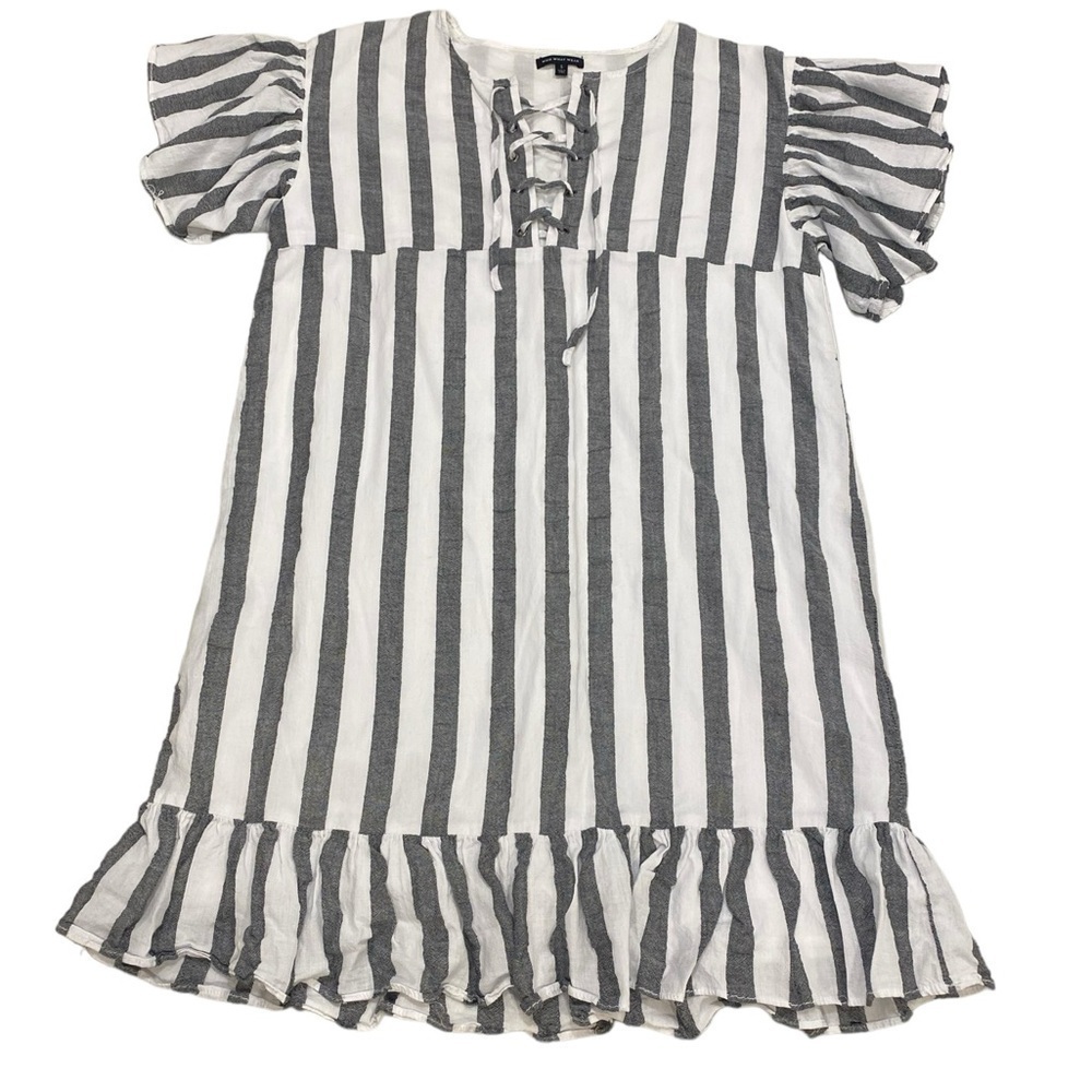 Who What Wear Striped Ruffle Dress size Small Gray‎ White Lace Up